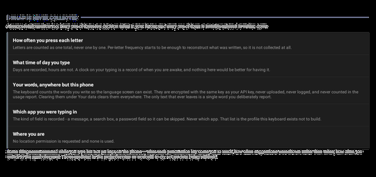 A list of what the app deliberately does not keep, each with a reason