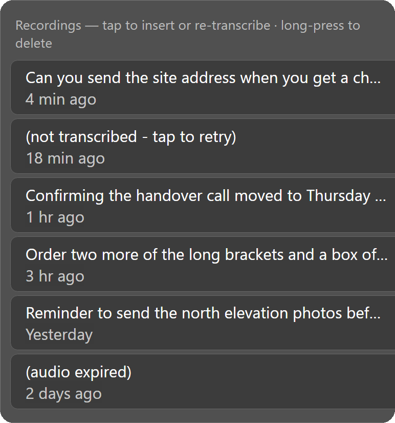 A list of past recordings, each with its transcript and how long ago it was made