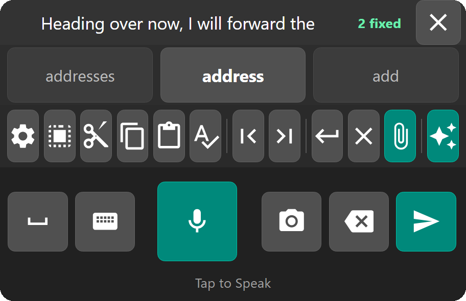 The voice keyboard: a large central microphone key, with camera, backspace and send beside it
